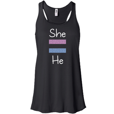 She Equals He Women's Flowy Racerback Tank (Dark/More Colors)