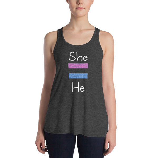 She Equals He Women's Flowy Racerback Tank (Dark/More Colors)