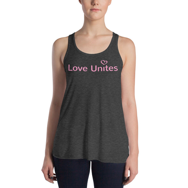 Love Unites Heart Women's Flowy Racerback Tank (Dark with Pink/More Colors)